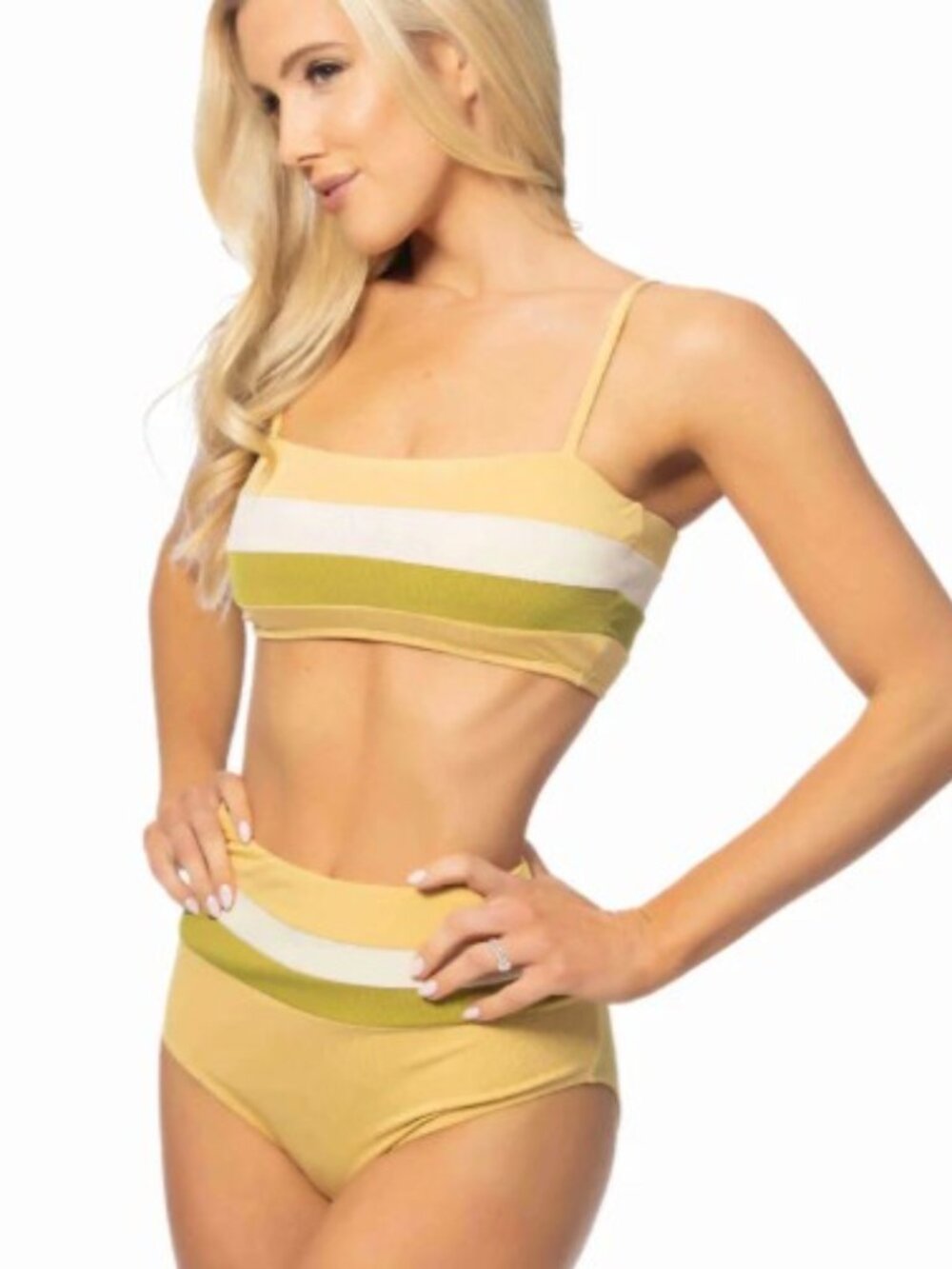 Beach Joy Womens High Waisted Bandeau Bikini Ribbed Colorblock S New